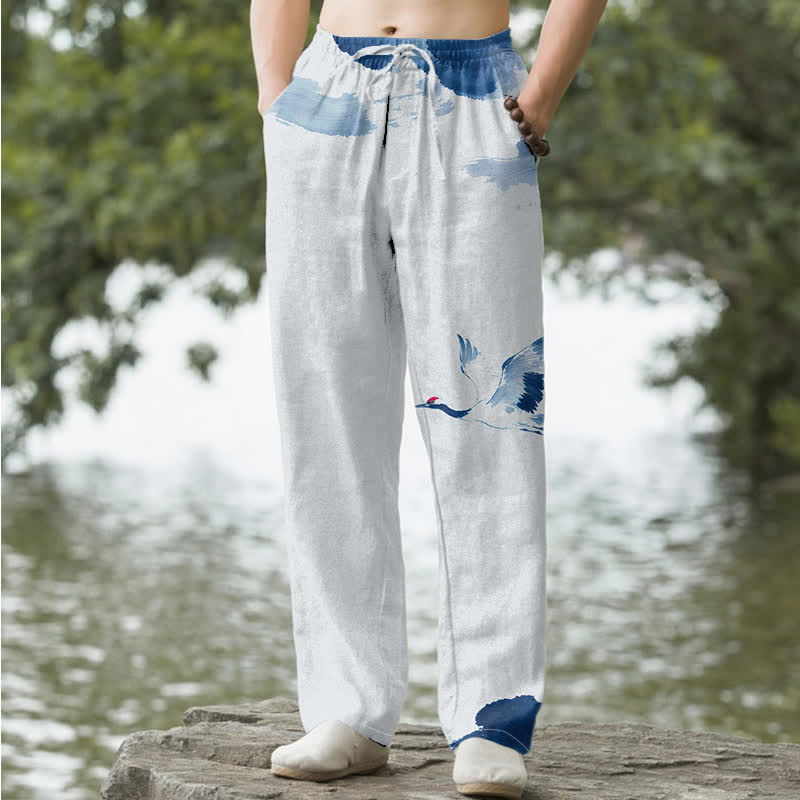 Buddha Stones Cotton Red-crowned Crane Pattern Men's Tapered Pants With Pockets - LightBlue - US/UK/AU50，EU60 (5XL) - image 0