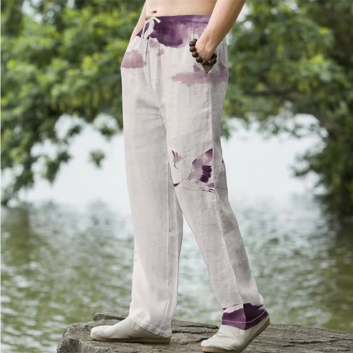 Buddha Stones Cotton Red-crowned Crane Pattern Men's Tapered Pants With Pockets - image 5
