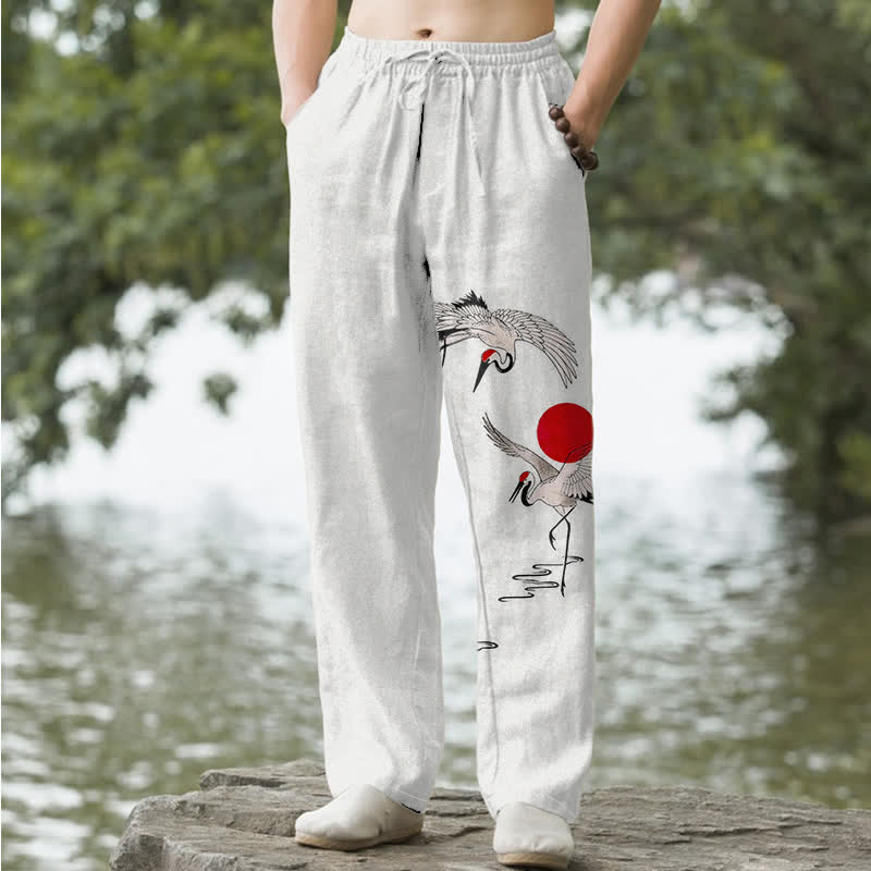Buddha Stones Cotton Red Sun Crane Pattern Men's Tapered Pants With Pockets - Linen - US/UK/AU50，EU60 (5XL) - image 0