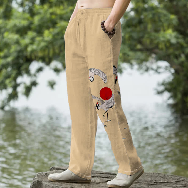 Buddha Stones Cotton Red Sun Crane Pattern Men's Tapered Pants With Pockets - image 5