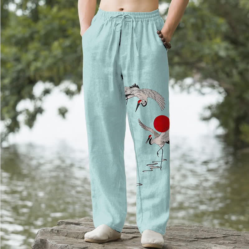 Buddha Stones Cotton Red Sun Crane Pattern Men's Tapered Pants With Pockets - PaleTurquoise - US/UK/AU50，EU60 (5XL) - image 6
