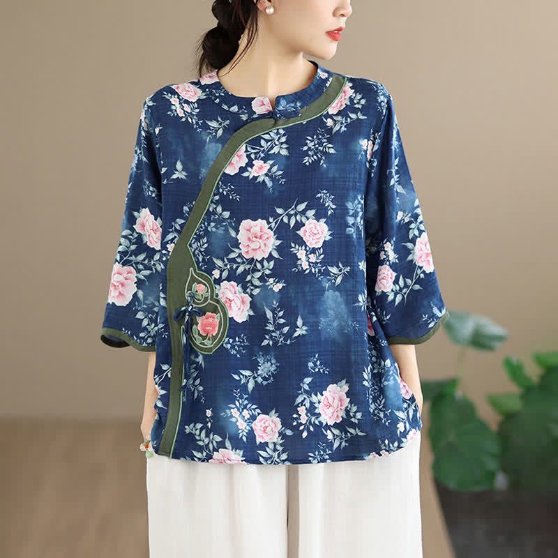 Buddha Stones Summer Casual Tang Style Frog Button Pink Peony Floral Women's Elbow-Length Sleeve Shirts - image 4