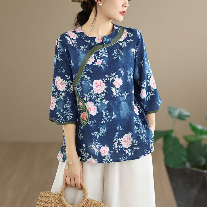 Buddha Stones Summer Casual Tang Style Frog Button Pink Peony Floral Women's Elbow-Length Sleeve Shirts - DarkSlateBlue - US8-10, UK/AU12-14, EU40-42 (2XL) - image 0