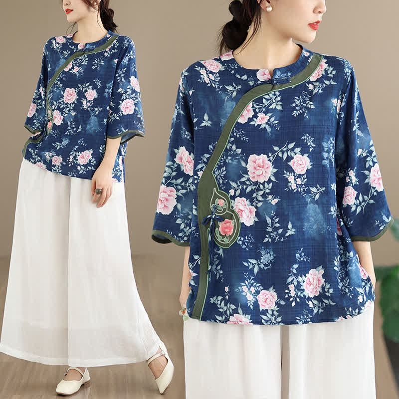 Buddha Stones Summer Casual Tang Style Frog Button Pink Peony Floral Women's Elbow-Length Sleeve Shirts - image 7