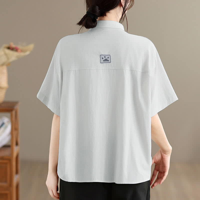 Buddha Stones Summer Casual Minimalist Button-Up Cat Embroidery Women's Short Sleeve Shirts - image 19