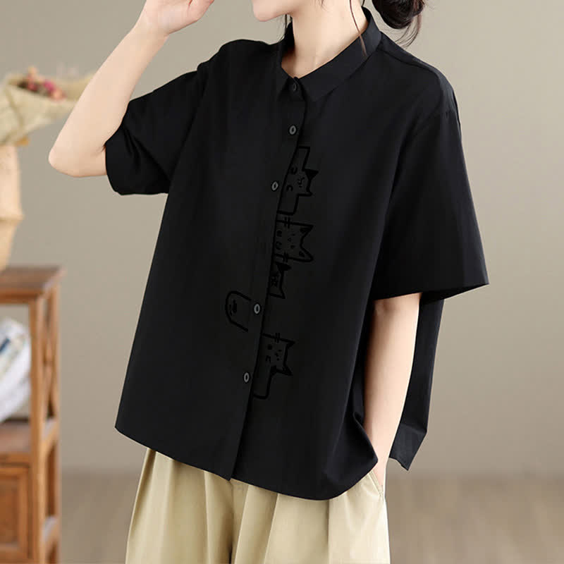 Buddha Stones Summer Casual Minimalist Button-Up Cat Embroidery Women's Short Sleeve Shirts - image 5