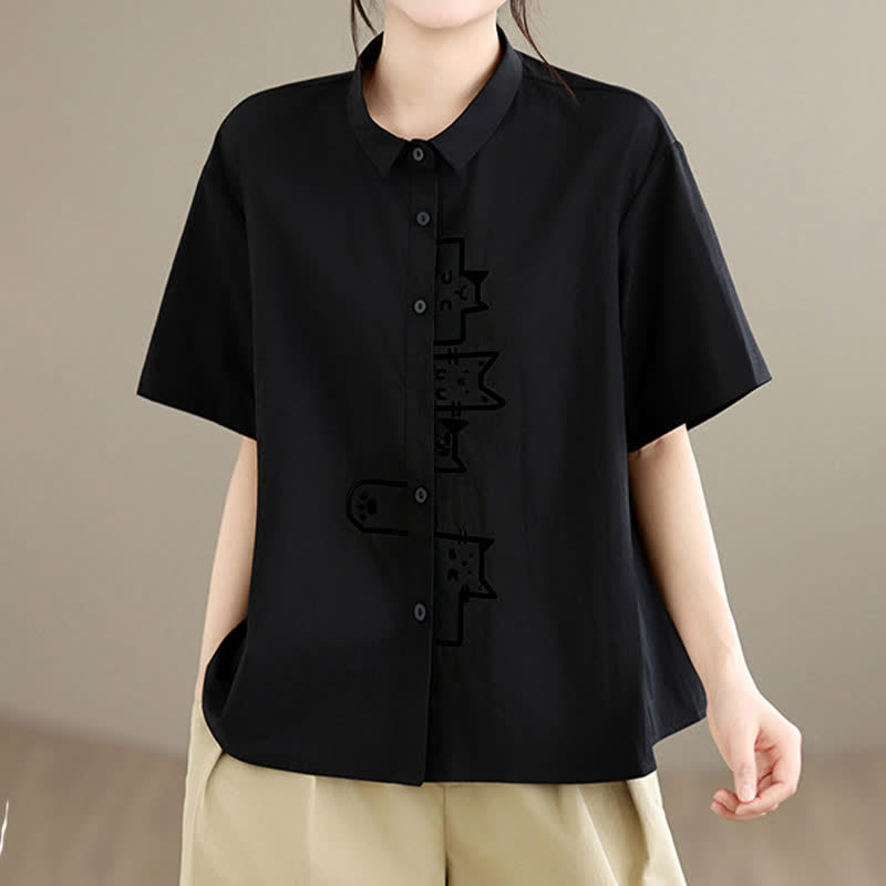 Buddha Stones Summer Casual Minimalist Button-Up Cat Embroidery Women's Short Sleeve Shirts - image 2