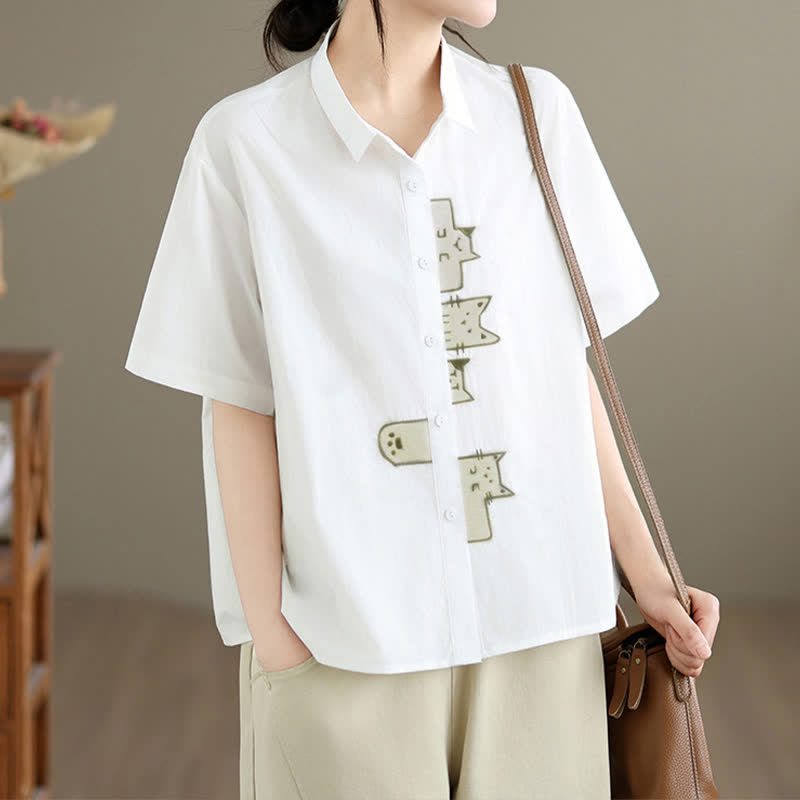 Buddha Stones Summer Casual Minimalist Button-Up Cat Embroidery Women's Short Sleeve Shirts - image 25