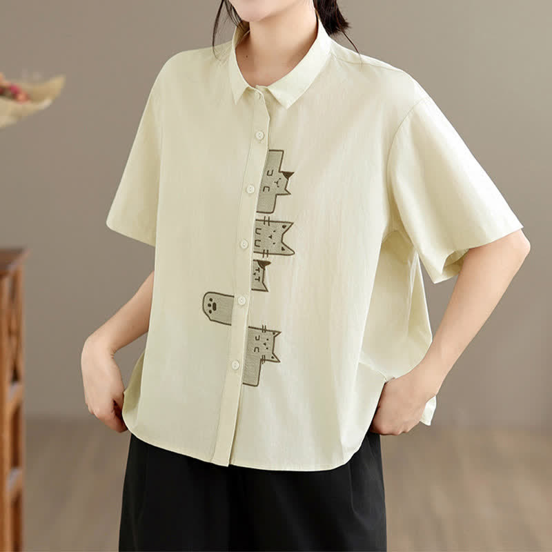 Buddha Stones Summer Casual Minimalist Button-Up Cat Embroidery Women's Short Sleeve Shirts - image 7