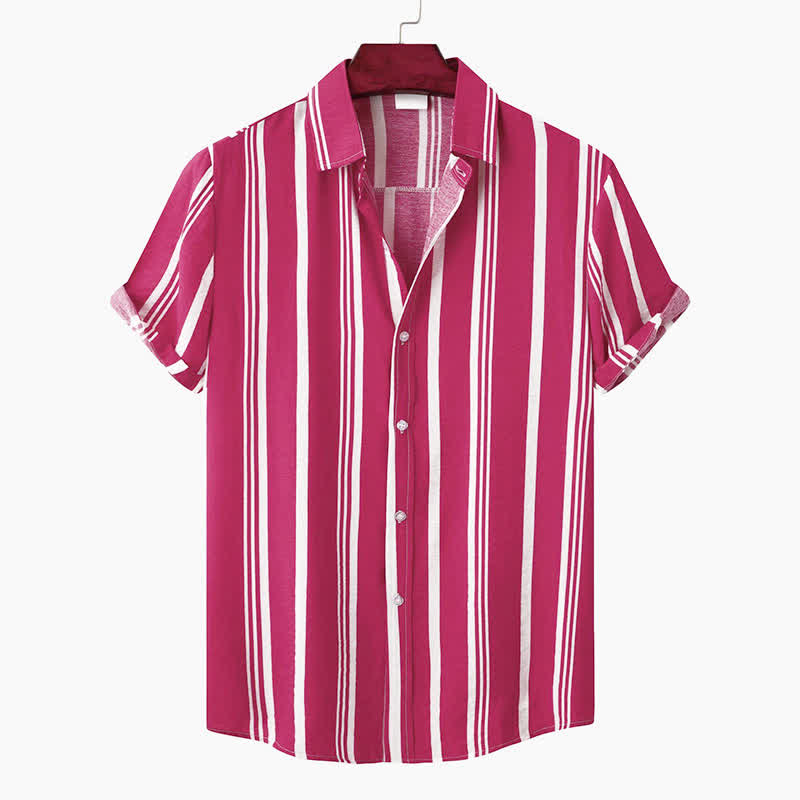 Buddha Stones Summer Casual Classic Button-Up Vertical Striped Men's Short Sleeve Shirts - Crimson - US/UK/AU42, EU52 (3XL) - image 21