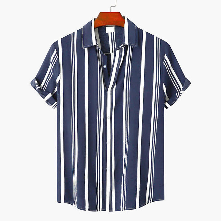 Buddha Stones Summer Casual Classic Button-Up Vertical Striped Men's Short Sleeve Shirts - SteelBlue - US/UK/AU42, EU52 (3XL) - image 7