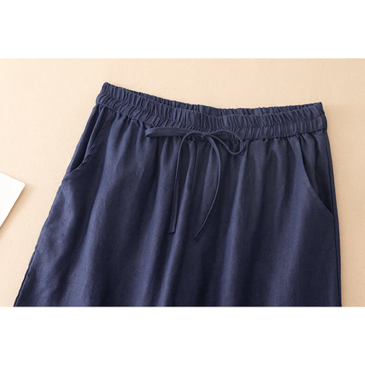 Buddha Stones Summer Casual Minimalist Drawstring Solid Flower Hem Cropped Pants Women's Straight Leg Pants With Pocket - image 6