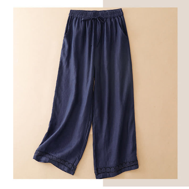Buddha Stones Summer Casual Minimalist Drawstring Solid Flower Hem Cropped Pants Women's Straight Leg Pants With Pocket - Navy - US8-10, UK/AU12-14, EU40-42 (2XL) - image 5