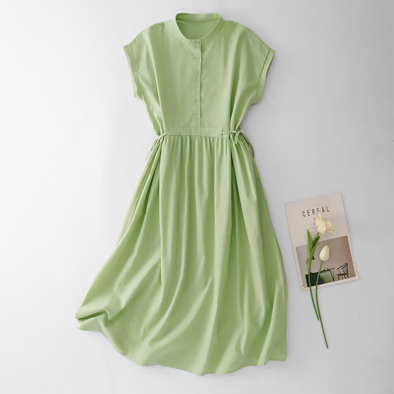 Buddha Stones Summer Casual Minimalist Button Lace-up Solid Women's Summer Sleeveless Dress With Pocket - PaleGreen - US12, UK/AU16, EU44 (2XL) - image 0