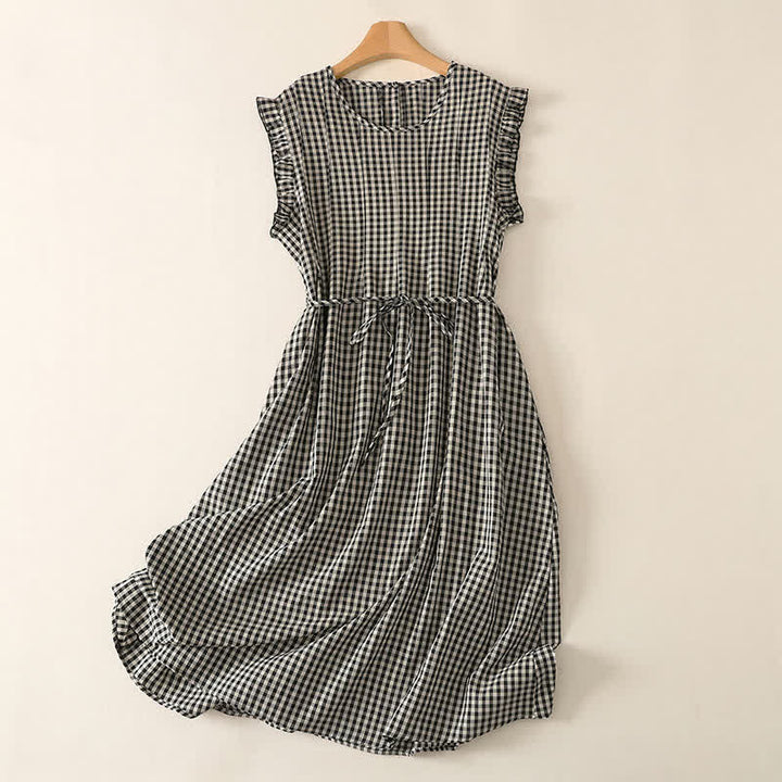 Buddha Stones Summer Vintage Casual Drawstring Plaid Cotton Linen Women's Summer Sleeveless Dress With Pocket - Black - US8-10, UK/AU12-14, EU40-42 (2XL) - image 0