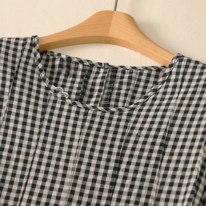 Buddha Stones Summer Vintage Casual Drawstring Plaid Cotton Linen Women's Summer Sleeveless Dress With Pocket - image 1