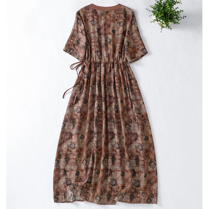 Buddha Stones Summer Vintage Drawstring Floral V-Neck Women's Short Sleeve Dress With Pocket - image 9