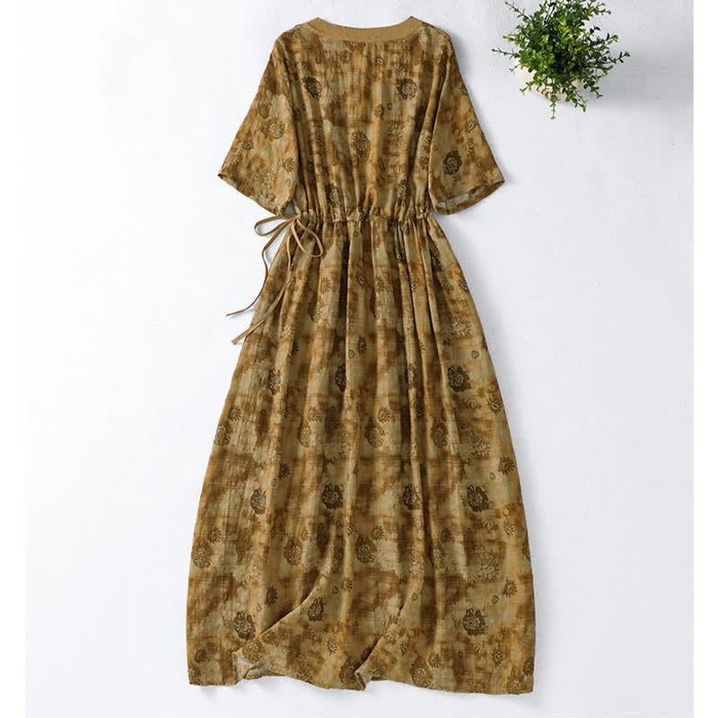 Buddha Stones Summer Vintage Drawstring Floral V-Neck Women's Short Sleeve Dress With Pocket - image 18