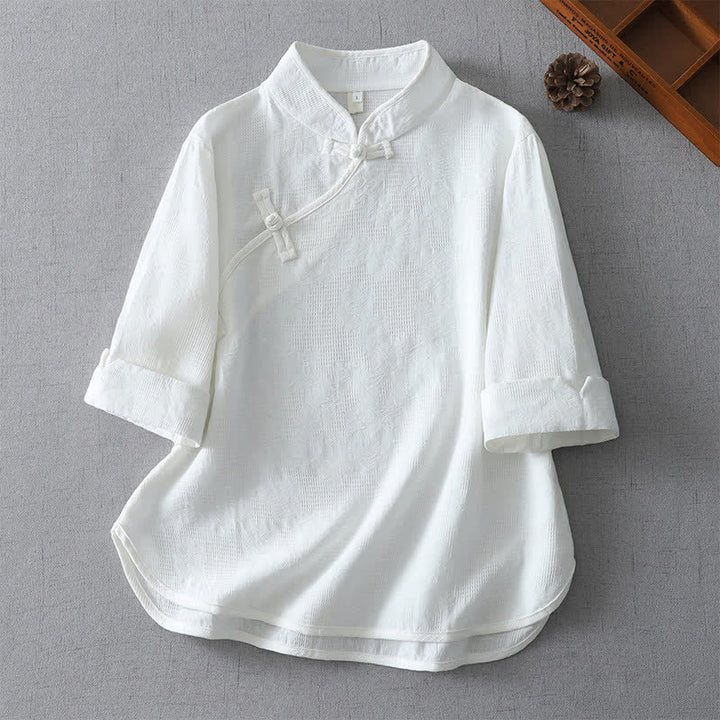 Buddha Stones Summer Tang Style Casual Mandarin Collar Solid Women's Elbow-Length Sleeve Shirts - White - US12, UK/AU16, EU44 (3XL) - image 7