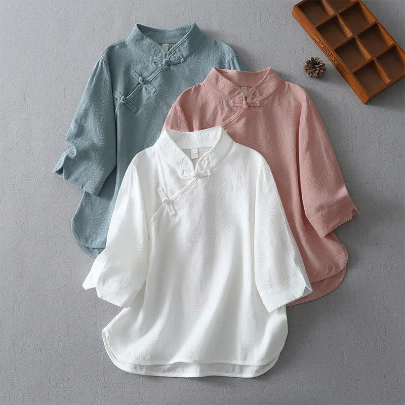 Buddha Stones Summer Tang Style Casual Mandarin Collar Solid Women's Elbow-Length Sleeve Shirts - image 14