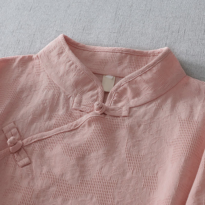 Buddha Stones Summer Tang Style Casual Mandarin Collar Solid Women's Elbow-Length Sleeve Shirts - image 5