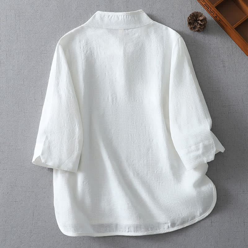 Buddha Stones Summer Tang Style Casual Mandarin Collar Solid Women's Elbow-Length Sleeve Shirts - image 8
