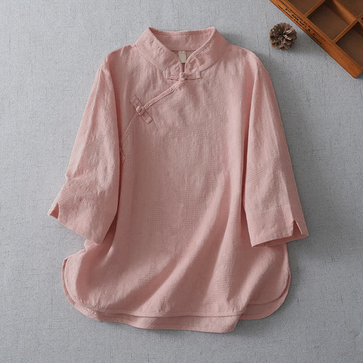 Buddha Stones Summer Tang Style Casual Mandarin Collar Solid Women's Elbow-Length Sleeve Shirts - LightPink - US12, UK/AU16, EU44 (3XL) - image 4