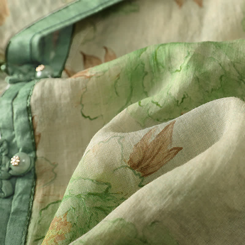Buddha Stones Summer Vintage Tang Style Mandarin Collar Floral Leaves Women's Short Sleeve Shirts - image 12
