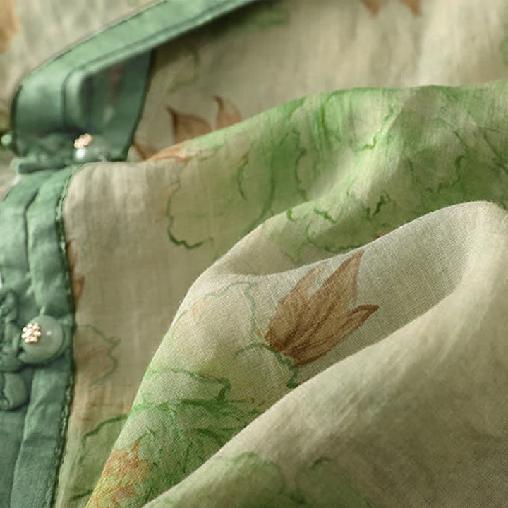 Buddha Stones Summer Vintage Tang Style Mandarin Collar Floral Leaves Women's Short Sleeve Shirts - image 12