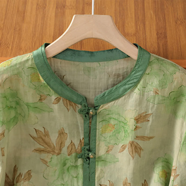 Buddha Stones Summer Vintage Tang Style Mandarin Collar Floral Leaves Women's Short Sleeve Shirts - image 9