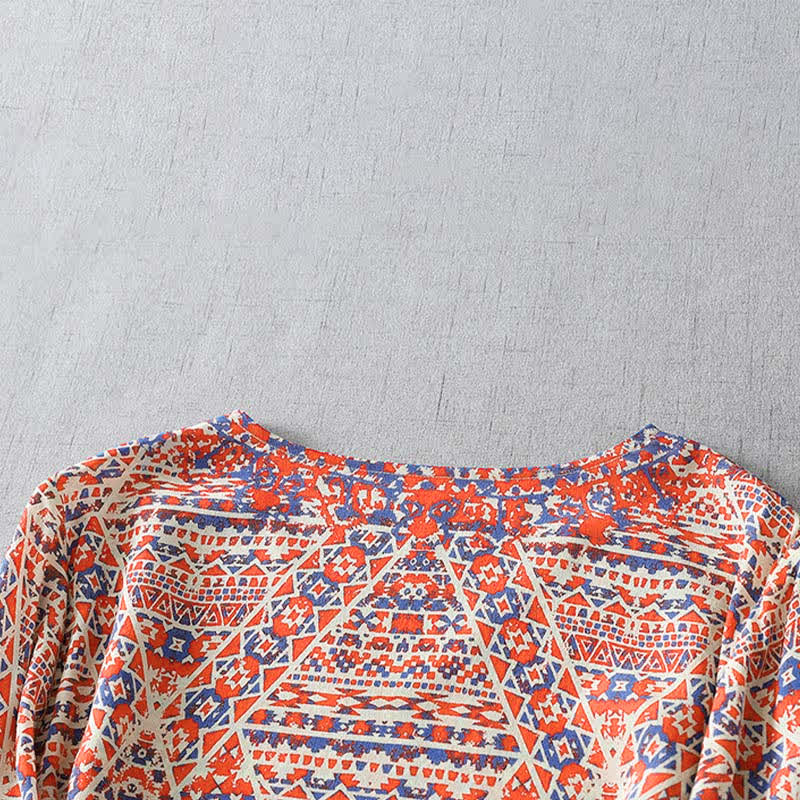 Buddha Stones Summer Boho Vintage Red Geometric V-Neck Women's Long Sleeve T-Shirt - image 3
