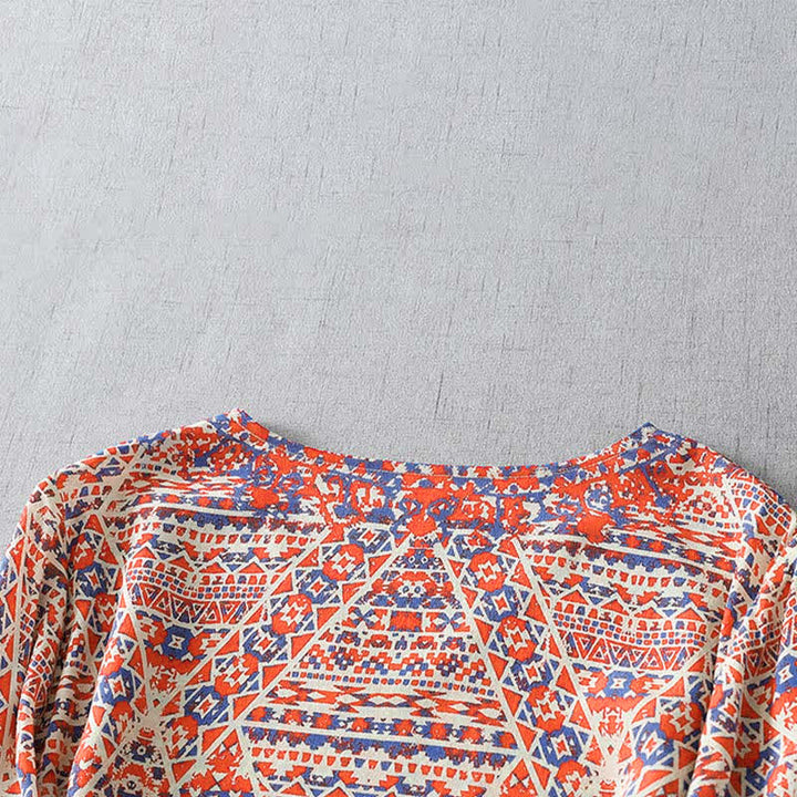 Buddha Stones Summer Boho Vintage Red Geometric V-Neck Women's Long Sleeve T-Shirt - image 3