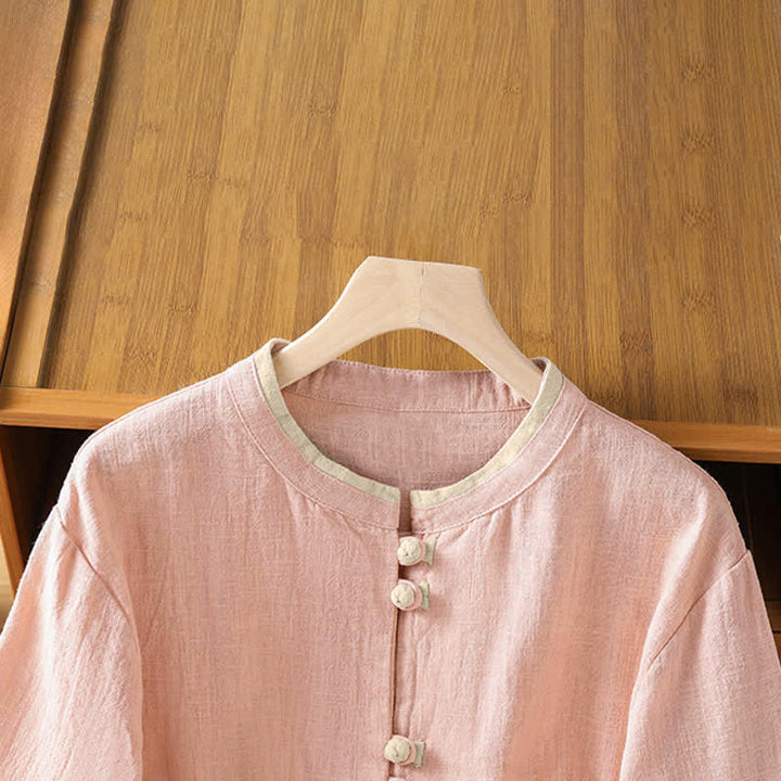 Buddha Stones Summer Tang Style Vintage Frog Button Crew Neck Contrast Women's Short Sleeve Shirts - image 9