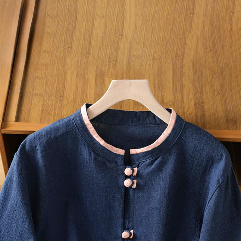 Buddha Stones Summer Tang Style Vintage Frog Button Crew Neck Contrast Women's Short Sleeve Shirts - image 2