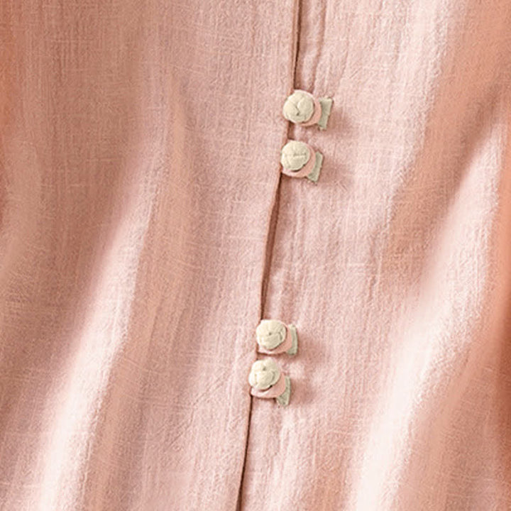 Buddha Stones Summer Tang Style Vintage Frog Button Crew Neck Contrast Women's Short Sleeve Shirts - image 11