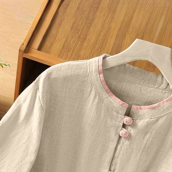 Buddha Stones Summer Tang Style Vintage Frog Button Crew Neck Contrast Women's Short Sleeve Shirts - image 17