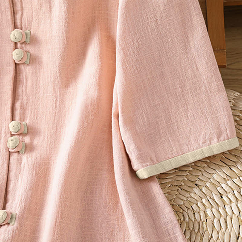 Buddha Stones Summer Tang Style Vintage Frog Button Crew Neck Contrast Women's Short Sleeve Shirts - image 12