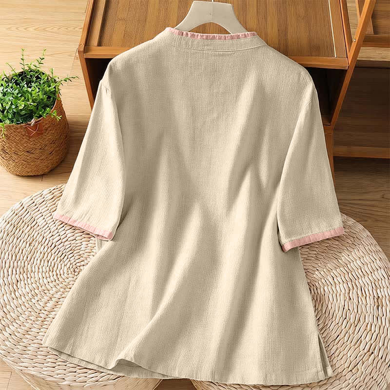 Buddha Stones Summer Tang Style Vintage Frog Button Crew Neck Contrast Women's Short Sleeve Shirts - image 15
