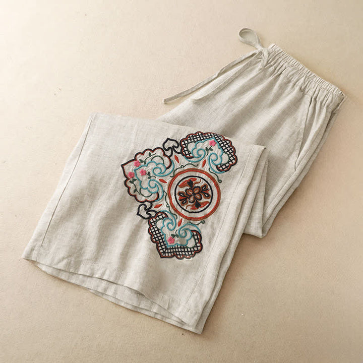 Buddha Stones Summer Casual Embroidery Floral Capri Pants Women's Wide Leg Pants With Pocket - image 3