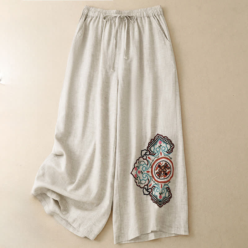 Buddha Stones Summer Casual Embroidery Floral Capri Pants Women's Wide Leg Pants With Pocket - image 2
