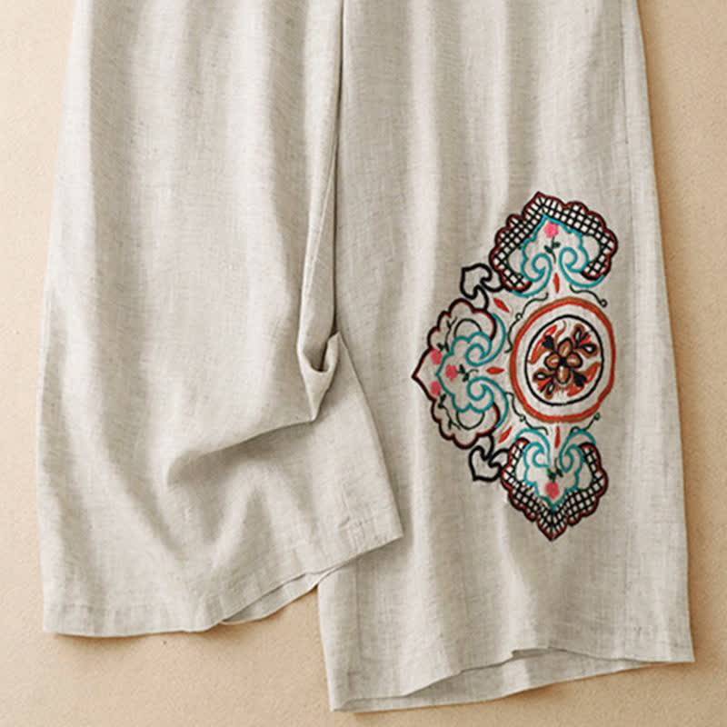 Buddha Stones Summer Casual Embroidery Floral Capri Pants Women's Wide Leg Pants With Pocket - image 6