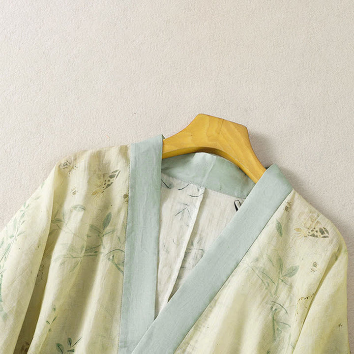 Buddha Stones Summer Casual Vintage Drawstring V-Neck Floral Contrast Trim Three-Quarter Sleeve Women's Kimono - image 3