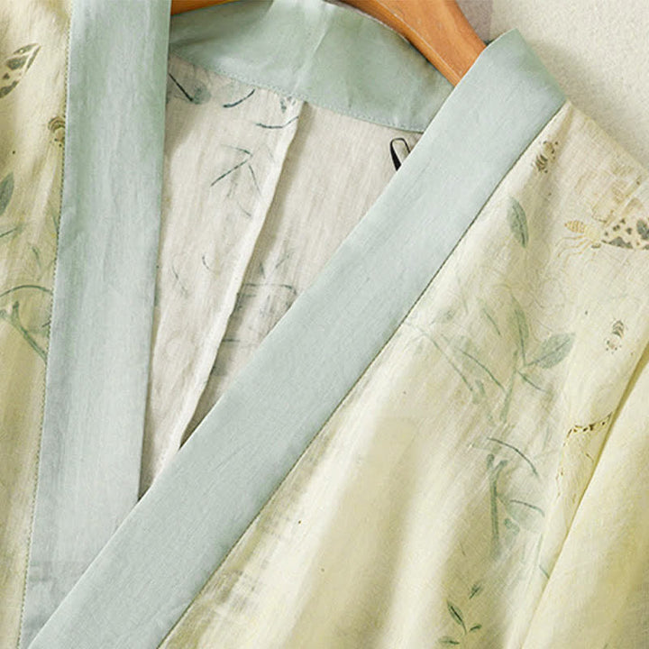 Buddha Stones Summer Casual Vintage Drawstring V-Neck Floral Contrast Trim Three-Quarter Sleeve Women's Kimono - image 5