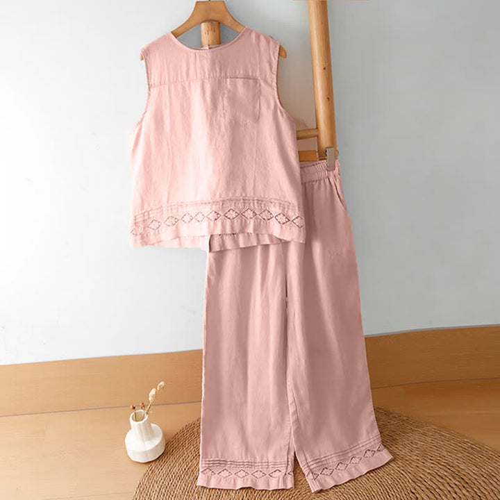 Buddha Stones Summer Casual Minimalist Geometric Hollow Hem Ankle Pants Women's Wide Leg Pants With Pockets - image 30