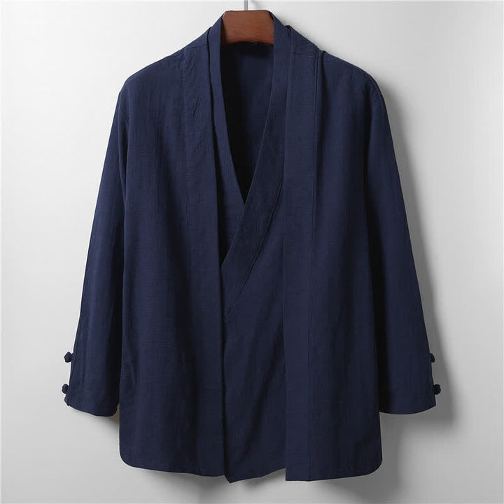 Buddha Stones Spring Casual Minimalist Solid Lapel Ramie Men's Kimono - MidnightBlue - US/UK/AU44，EU54 (4XL) - image 10