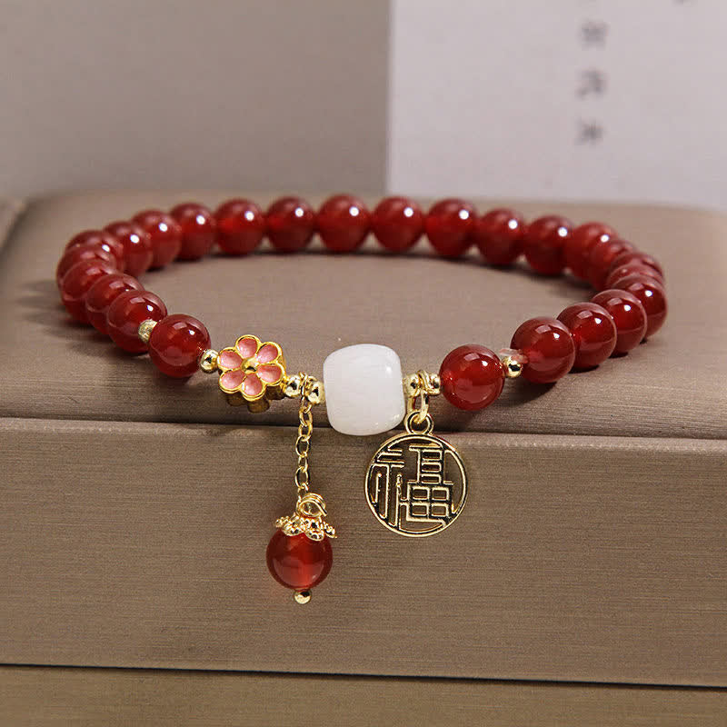 Buddha Stones Red Agate Fu Character Flower Confidence Luck Bracelet - Fu Character(Luck ♥ Blessing) - image 0