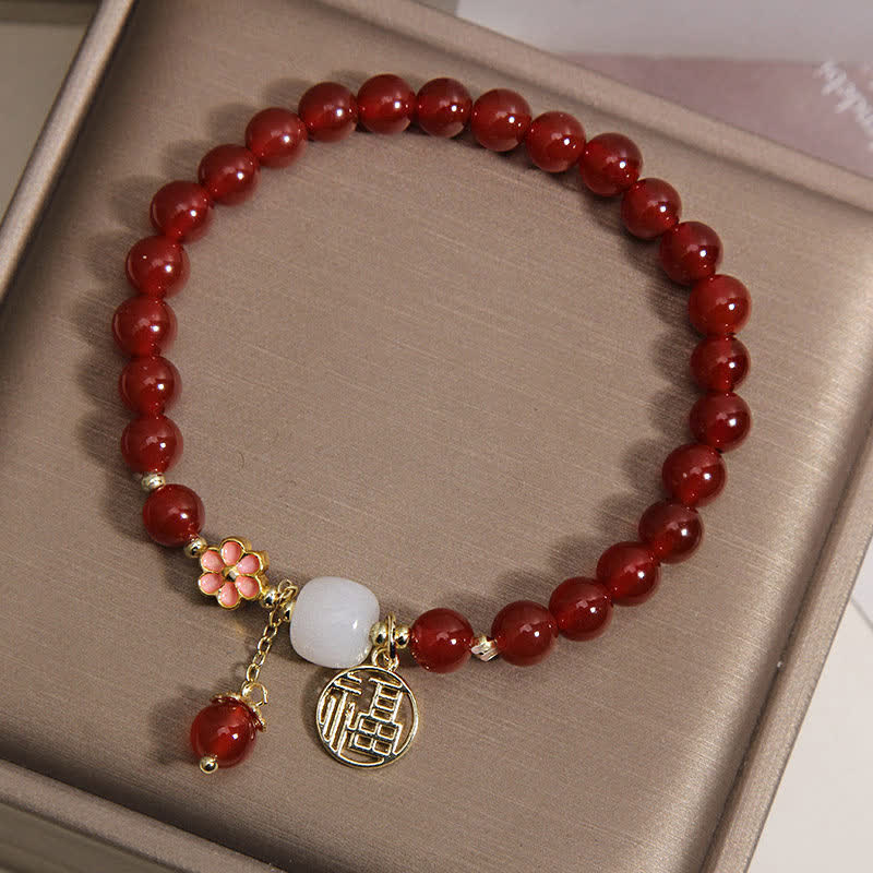 Buddha Stones Red Agate Fu Character Flower Confidence Luck Bracelet - image 2