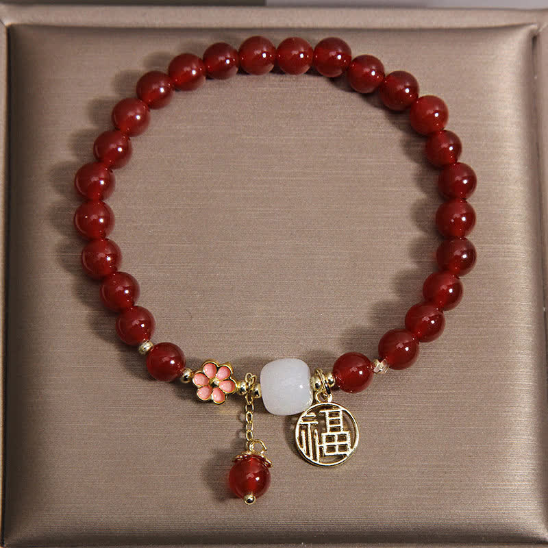 Buddha Stones Red Agate Fu Character Flower Confidence Luck Bracelet - image 1