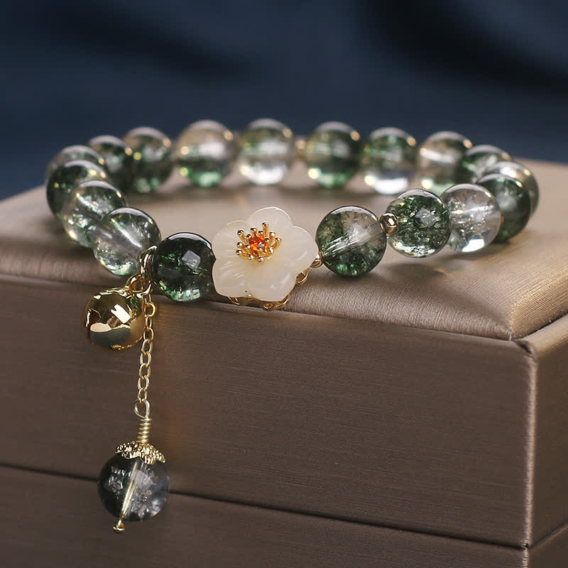 Buddha Stones Green Phantom White Jade Flower Charm Wealth Bracelet - image 4