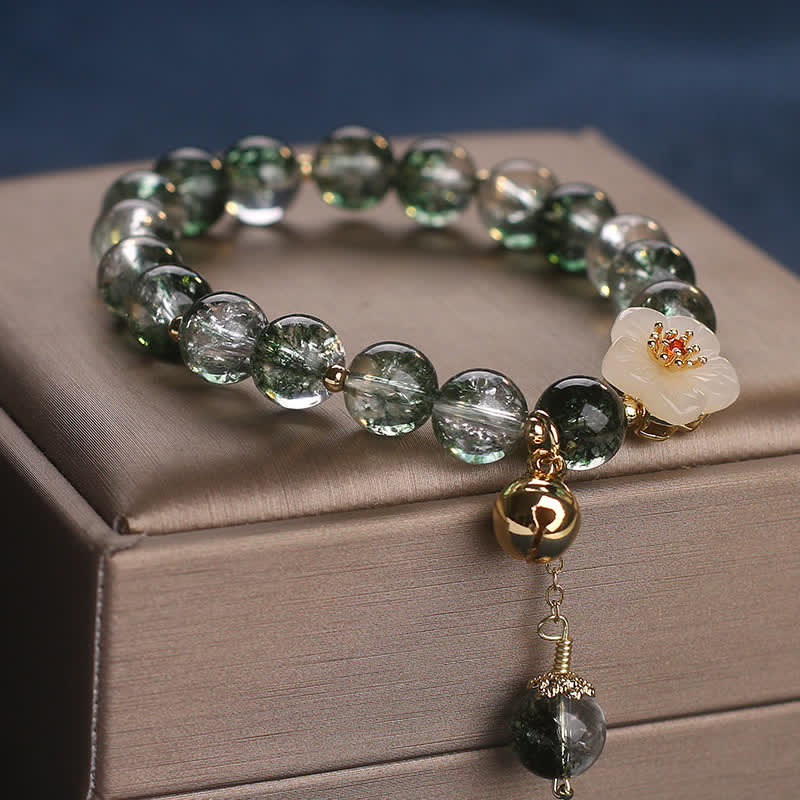 Buddha Stones Green Phantom White Jade Flower Charm Wealth Bracelet - image 8